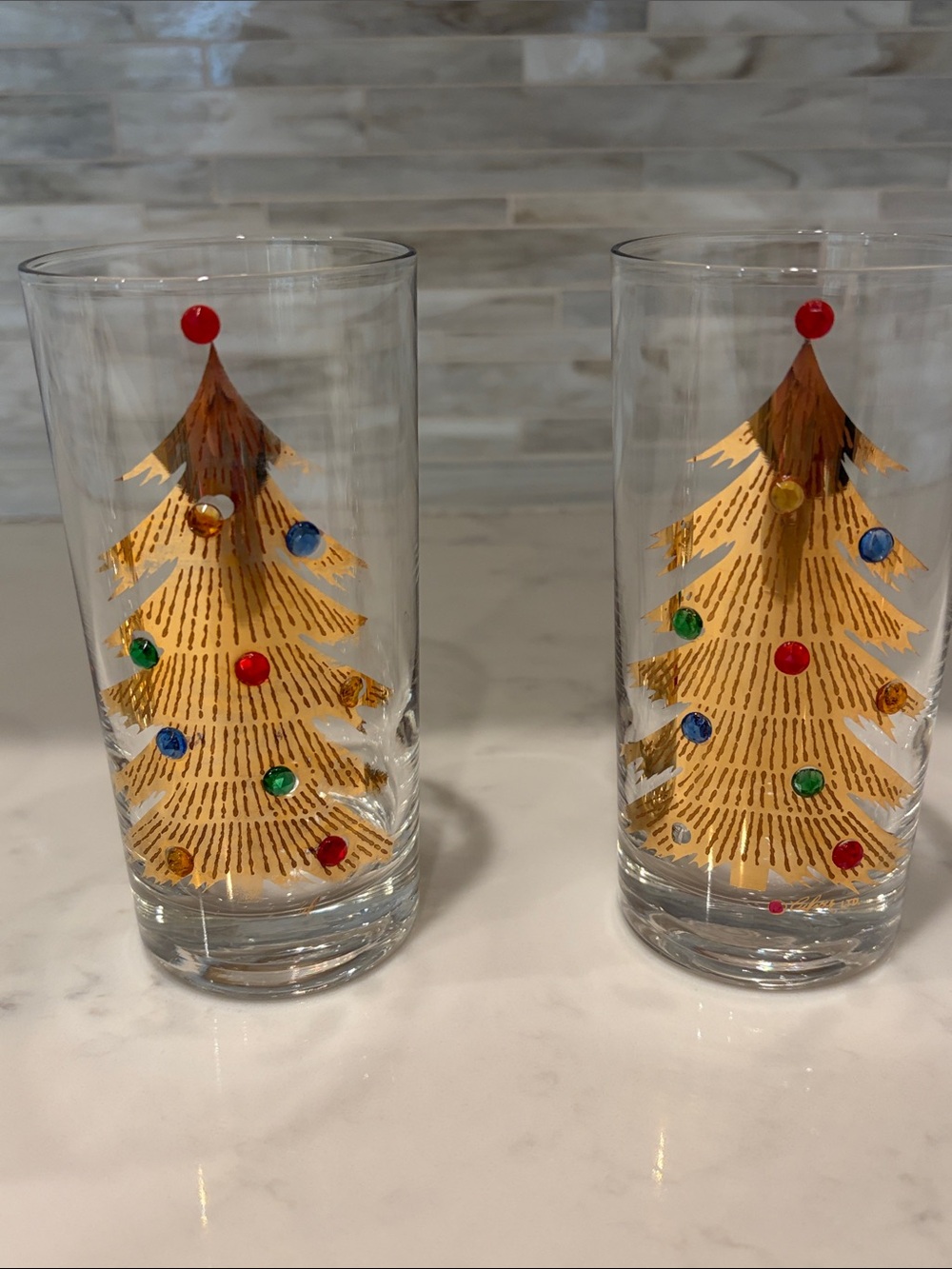 Vintage Christmas Highball Glasses Culver Gold Tree w Jewels Signed Set of 8 - Picture 6 of 9